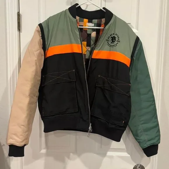 Puma Unisex Green Color-Blocked Reversible Collared Bomber Jacket Size M - Picture 2 of 8